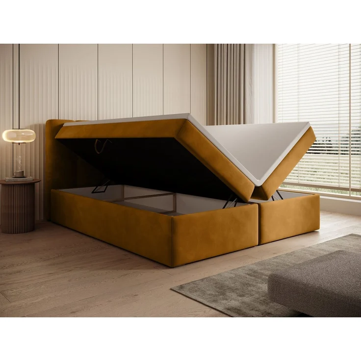 thematys Boxbett Luxus mit Bettkasten 180x200cm, mit Bonnellfederkernmatratze H3, Bouclé/Velours, mit Stauraum, mit 3 cm Topper, Senfgelb (Holland 410), Art.-Nr. S0WGG0AN763 – Bild 5