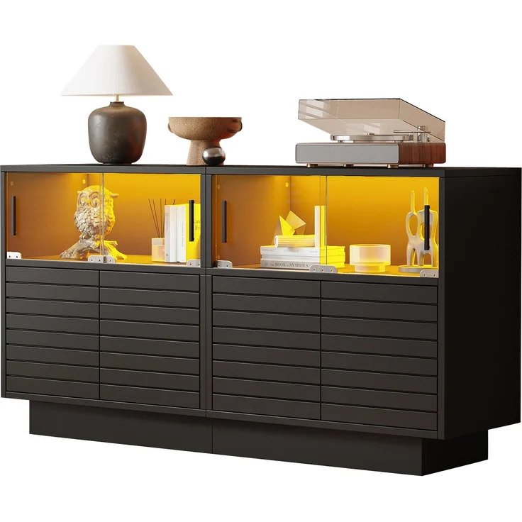Merax Sideboard mit 2 Kabinett, 4 Fächern, Glastüren, Breite 130 cm, Beistellschrank mit LED-Licht, Wohnraumschrank mit viel Stauraum, Schwarz – Bild 10