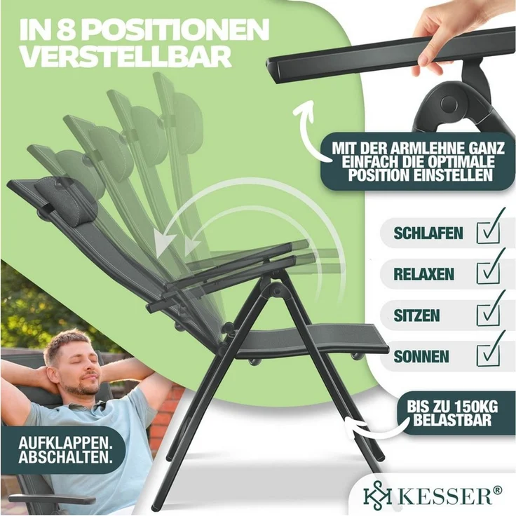 KESSER® Gartenstuhl Hochlehner mit Armlehnen | Aluminium Klappstuhl inkl. Kopfkissen Campingstuhl 7-Fach Verstellbar Rückenlehne | Atmungsaktiv & Wetterfest | Klappbar & Anti-Rutsch Anthrazit, 1 Stück – Bild 3