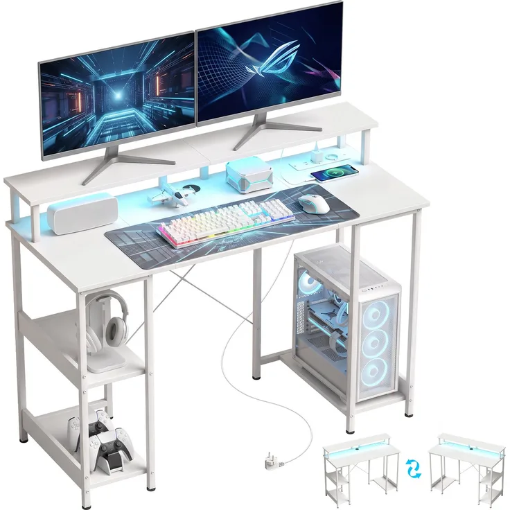 Wendbarer Computertisch mit Ablagen, 120 x 50 cm, mit Steckdosen und LED-Beleuchtung, Weiß in Holzoptik