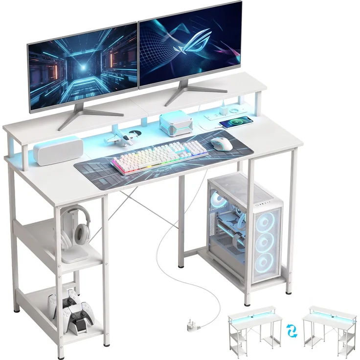 Wendbarer Computertisch mit Ablagen, 120 x 50 cm, mit Steckdosen und LED-Beleuchtung, Weiß in Holzoptik – Bild 1
