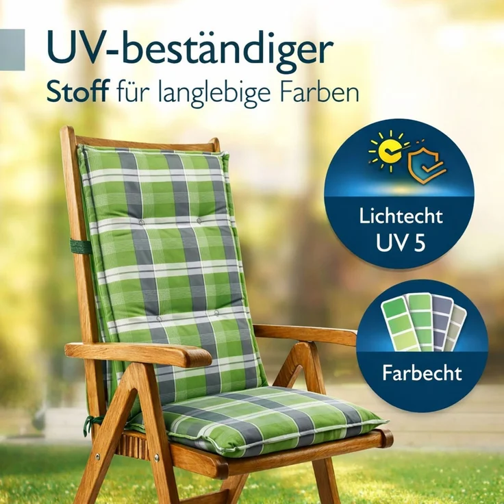 BURI 6x Auflagen Set Hochlehner für Gartenstühle 120x48x7cm Sesselauflagen Polster UV Lichtecht - Gartenstuhlauflagen Karo Muster Stuhlkissen mit Dicker Schaumstoff Füllung (Grün/Grau) – Bild 5
