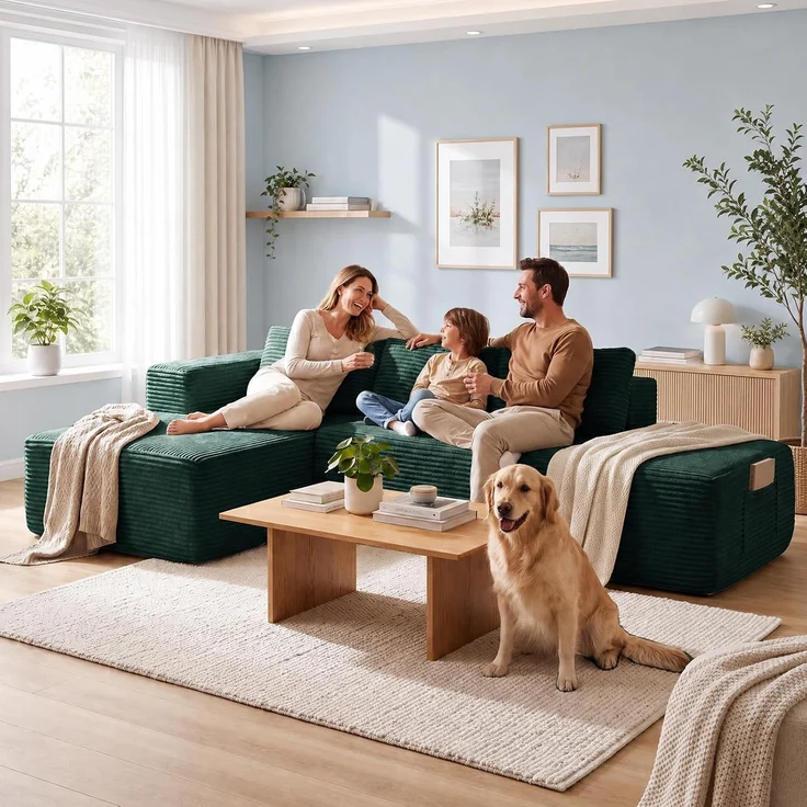 COMHOMA Ecksofa mit Schlaffunktion, 228cm Corduroy Modulares Boneless Couch mit Chaiselongue & Rücken-Metallgestell, L-Form Schlafsofa mit offenem Design, Kissen & Seitentaschen,für Wohnzimmer, Grün-R – Bild 4