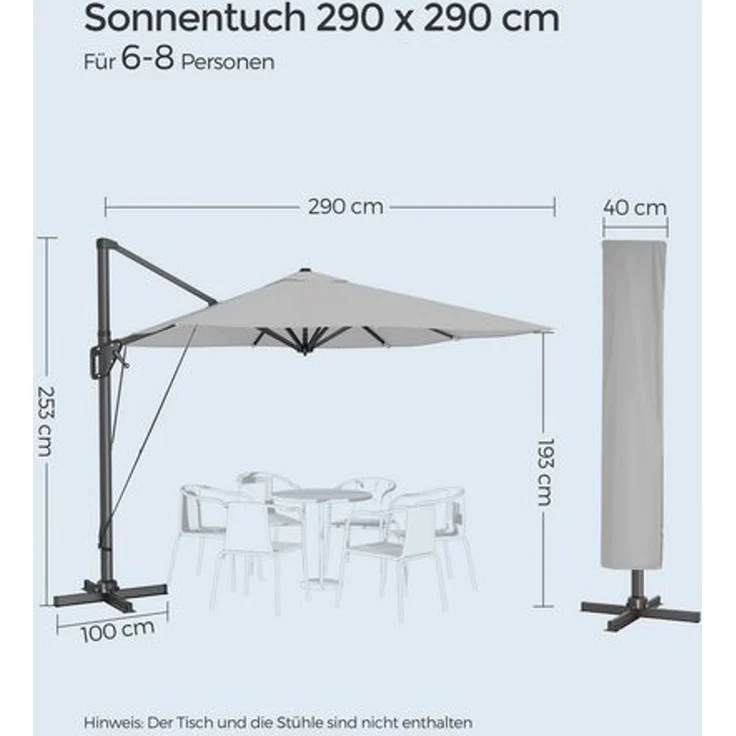 Songmics Sonnenschirm mit Ständer, 360° drehbar, UPF 50+, Hellgrau, 253 x 290 x 290 cm – Bild 4
