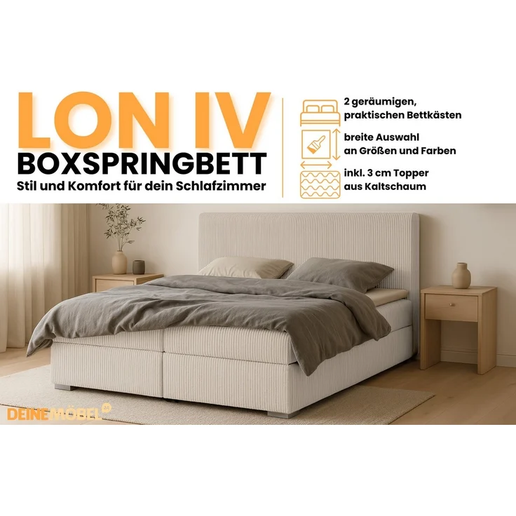 Deine Möbel 24 Boxspringbett LON IV Boxspring Komplettbett Polsterbett Bonellfederkernmatratzen (Cord Beige Creme Grau Dunkelgrau Graphit Schwarz, 3-St, Boxbett Cord Cord-Samt 140x200 160x200 180x200 200x200), inkl. Bettkasten Topper Matratzen H3 H4 – Bild 3