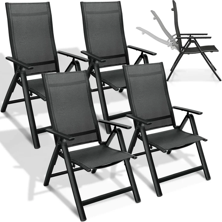 tillvex Gartenstuhl Premium 4 Stück Schwarz klappbar aus Aluminium | Hochlehner mit Armlehnen | Klappstuhl verstellbar | Klappsessel Balkon Garten Terrasse – Bild 1