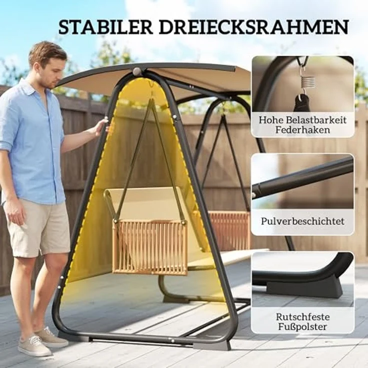 Outsunny Hollywoodschaukel mit verstellbar Sonnendach, abnehmbar Sitzauflage, 3-Sitzer, verstellbares Dach, Gartenschaukel, 1 tlg, Schaukelbank, 203 x 121 x 165 cm Sand – Bild 4