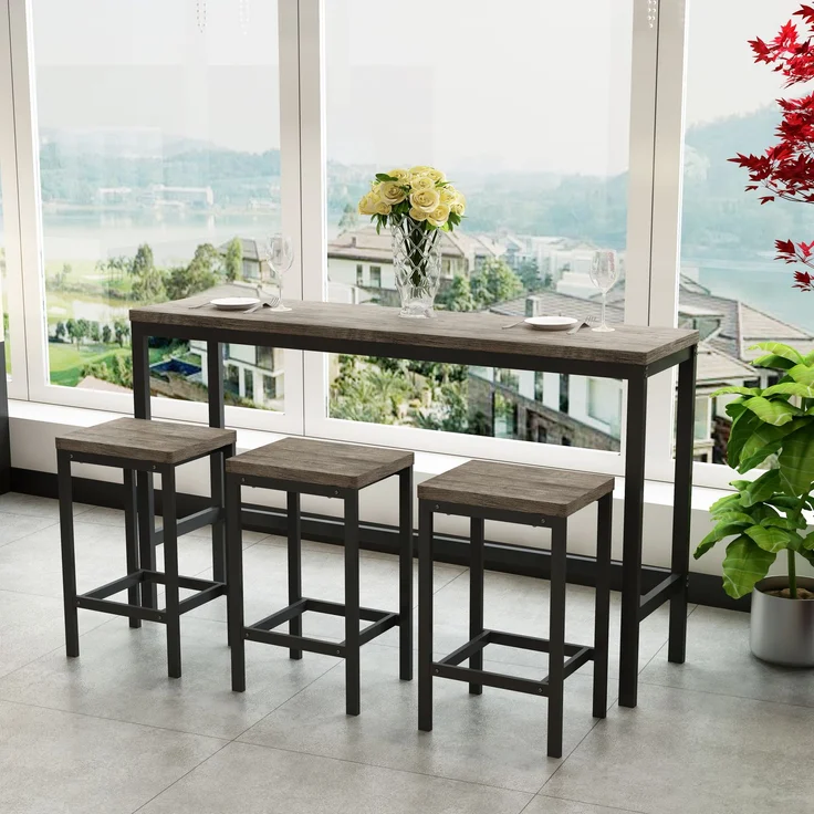 4-teiliges Esstisch-Set mit 1 Bartisch und 3 Hockern mit Metallrahmen und MDF-Holzplatte,hohe Tragfähigkeit,Braun & grau – Bild 1