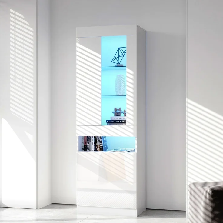 Vitrine mit LED Beleuchtung Vitrinenschrank Standvitrine Stauraumvitrine Schrank Wohnzimmerschran Weiß LED Vitrine Wohnzimmer Wohnwände LED Vitrinenschränke LED Schränke Buffet-Schran--Weiß--50x40x180cm--YOUDENOVA – Bild 1