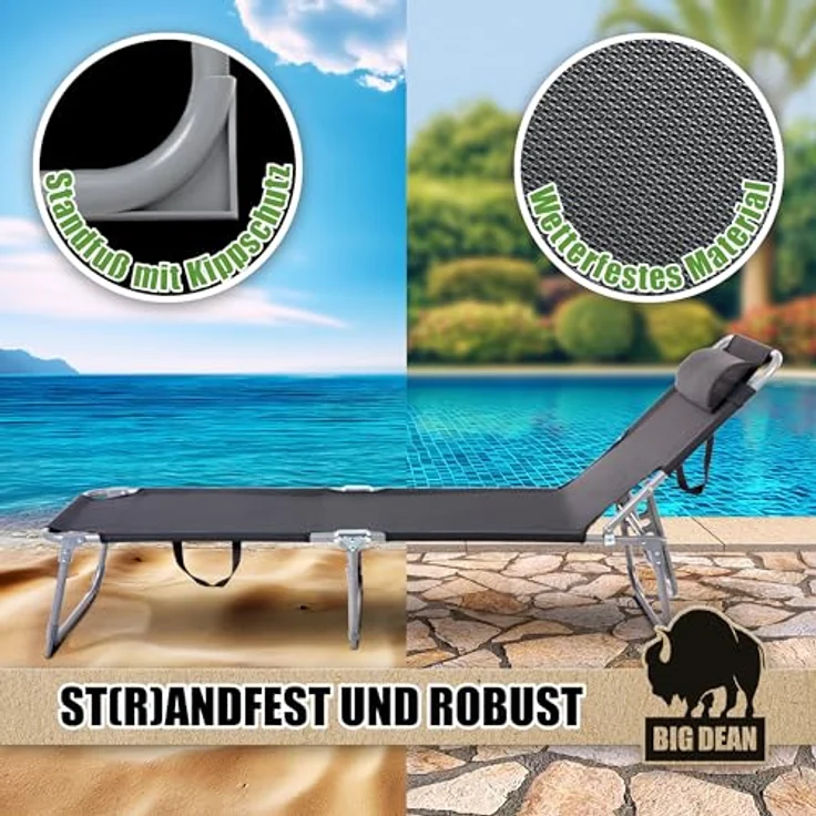 BigDean Sonnenliege klappbar mit Kopfkissen extra hoch dunkelgrau 150 kg belastbar - hochwertige Gartenliege für Balkon, Garten & Strand – Bild 7