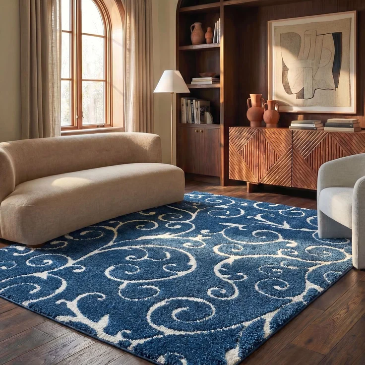 SAFAVIEH Zottelig Teppich für Wohnzimmer, Esszimmer, Schlafzimmer - Florida Shag Collection, Hoher Flor, Dunkelblau und Creme, 183 X 274 cm