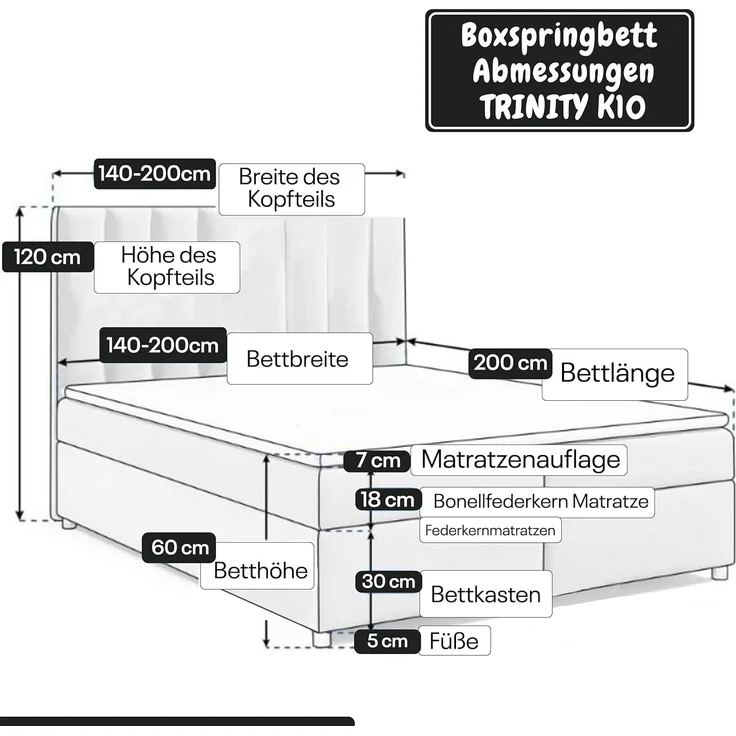 Best for Home Boxspringbett mit Bettkasten Trinity K-10 Bonellfederkern inkl. 7 cm Topper (Bonell-Matratze, gepolstertes Kopfteil, Doppelbett versch. Größen, 140x200 160x200 180x200 200x200 cm), Handwerksqualität, TOP Preis-Leistungs-Verhältnis – Bild 4