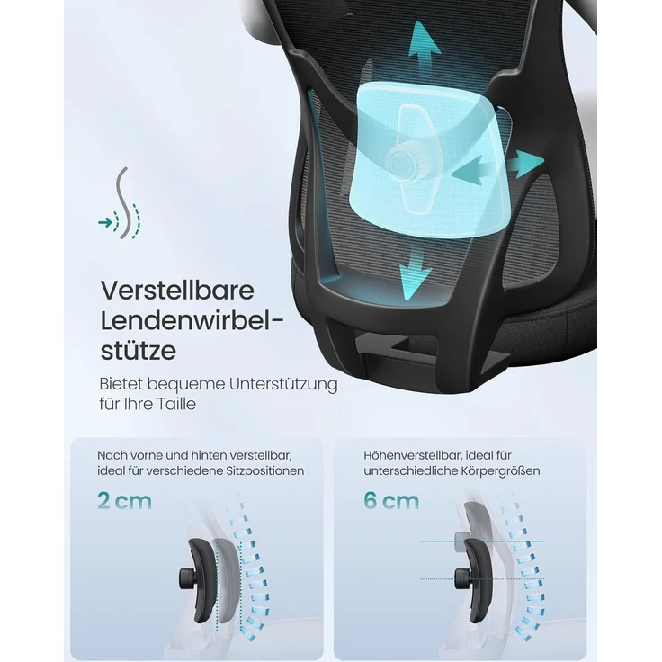 SONGMICS Bürostuhl ergonomisch, Schreibtischstuhl, Computerstuhl, verstellbare Lenden- und Kopfstütze, bis 150 kg belastbar, höhenverstellbar, tintenschwarz OBN066BH01 – Bild 5