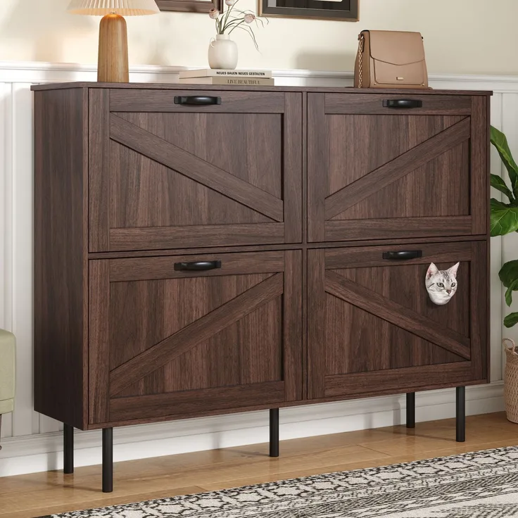 Merax Schmaler Schuhschrank mit 3 Klappen, mit Ablage für Tierspielzeug, Schuhregal, Schuhablage, Natural walnut