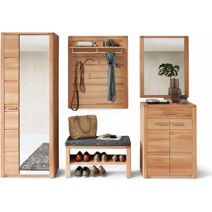 Stella Trading Nature ONE Flurgarderoben Set in Kernbuche Teil-massiv FSC-Zertifiziert - Modernes Garderobenset 5-teilig für Ihren Eingangsbereich - 268 x 201 x 40 cm (B/H/T) – Bild 1