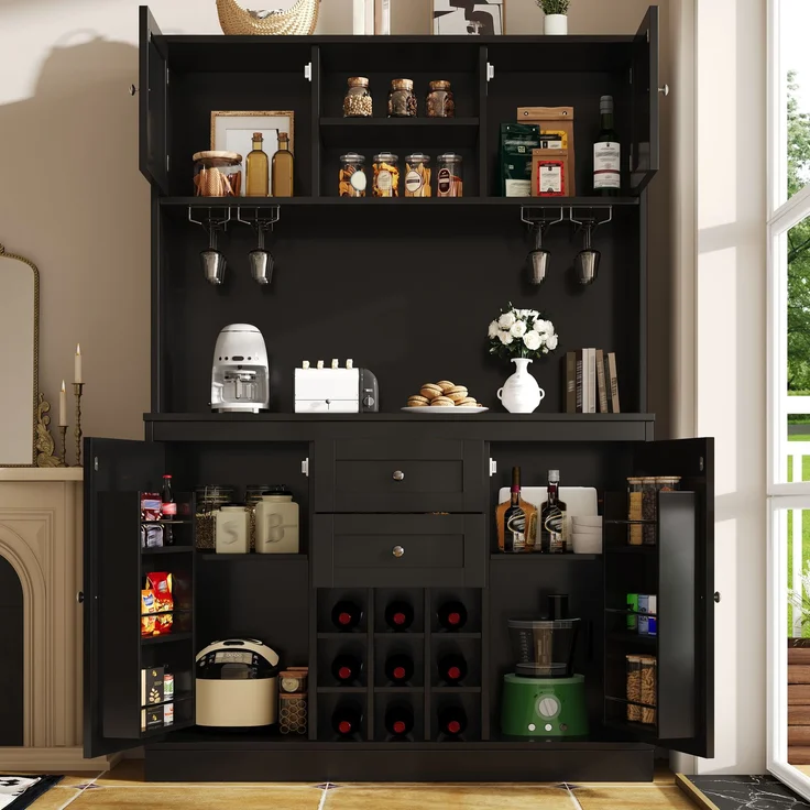 EINHOM Küchenschrank mit verstellbaren Ablagen & Weinregal, Hochschrank Küchenbuffet mit 4 Türen & 2 Schubladen, Sideboard für Küche & Wohnzimmer, Buffetschrank, Schwarz – Bild 4