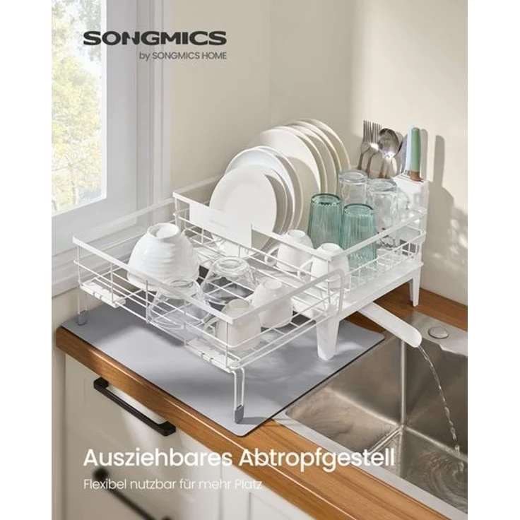 SONGMICS Abtropfgestell Geschirr, ausziehbarer Geschirr-Abtropfständer, wasserabsorbierende Silikonmatte, 360° drehbarer und ausziehbarer Ablauf, (31-56) x 42 x 20 cm, mattweiß-taubengrau – Bild 2