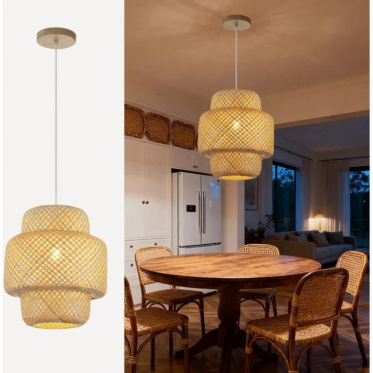 JDONG Pendelleuchte 30CM Pendelleuchte Boho lampe Lampenschirm Bambus E27, ohne Leuchtmittel, Rustic, Handgeflochtene Vintage schlafzimmerlampe,Beige, Beleuchtung Dekoration, für Wohnzimmer,Schlafzimmer,Küche,Esszimmer – Bild 1