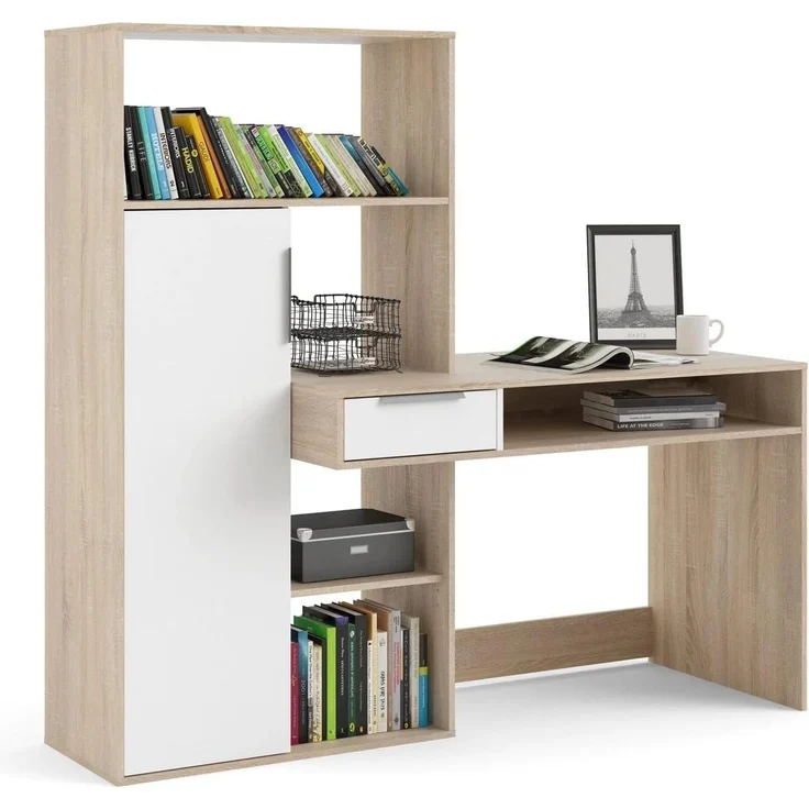 Multifunktionsschreibtisch mit Bücherregal, Schublade und Tür, Farbe Weiß und Eiche, 162 x 155 x 60 cm – Bild 5