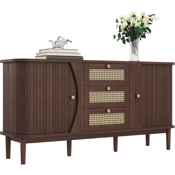 Merax Sideboard, Rattankommode, Kommode mit Schiebetüren, verstellbaren Einlegeböden und abgerundeter Platte, Walnuss – Bild 10