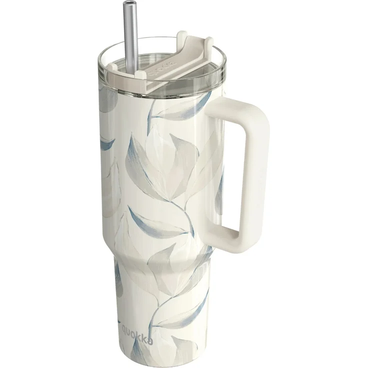 Isolierte Edelstahl-Trinkflasche mit Griff und Strohhalm, doppelwandig 0,95 L Blütenweiß – Bild 1