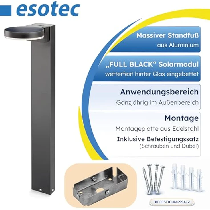 Esotec Solar PIR Standleuchte Diana 80, Aluminium Standfuß, Li-Ion Akku, 40 LEDs, Bewegungsmelder, schwarz, wetterfest, H=80cm – Bild 5