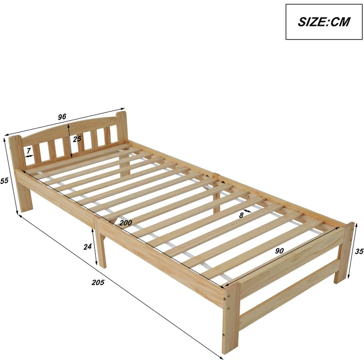 Solide Massivholzbett Futonbett, Einzelbett, Massivholz Natur Bett mit Kopfteil und Lattenroste, Jugendbett, Erwachsenenbett, Natur, 90x200 cm – Bild 5