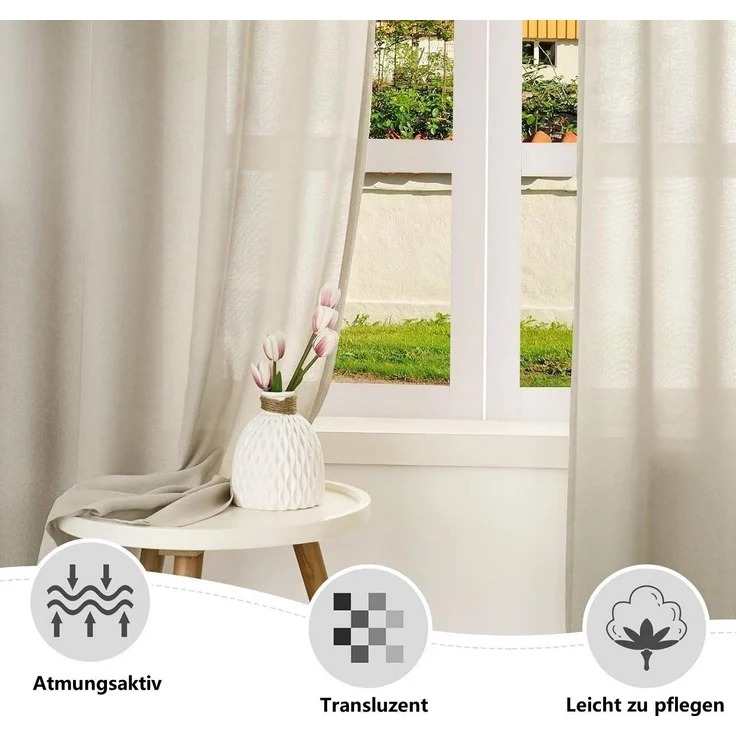 Woltu Gardine (2 St), Kräuselband, halbtransparent, Vorhänge Leinenoptik – Bild 2