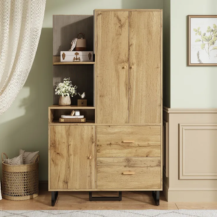 Kompaktgarderobe aus MDF mit Soft-Close & Schubladen, 110x38x186 cm, Natur/Schwarz