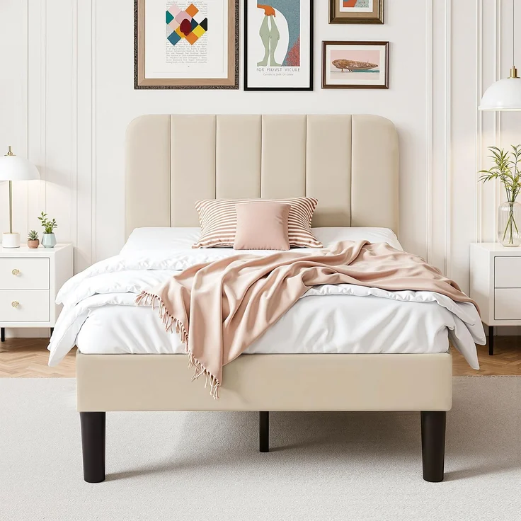 VECELO Polsterbett 90x200 cm Einzelbett, Höhenverstellbarem Kopfteil, Massivem Holzlattenrost, Samtstoff und Einfache Montage, Ideal für Jugendzimmer, Beige
