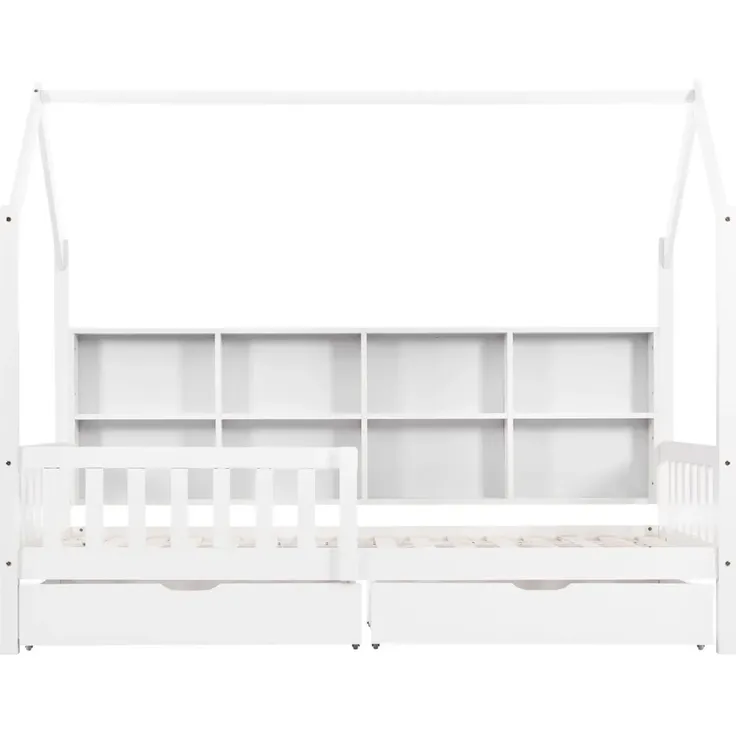 Kinderbett Hausbett mit Rausfallschutz, 2 Schubladen und Lattenrost, 90x200 cm, Einzelbett, Kiefer – Bild 7