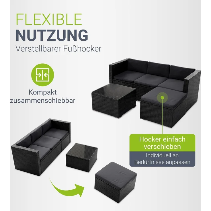 Juskys Polyrattan Lounge Punta Cana M schwarz inkl. Abdeckung – Gartenlounge für 3-4 Personen – Sitzgruppe mit Sofa, Tisch & Hocker - Sitzbezüge Dunkelgrau – Bild 6