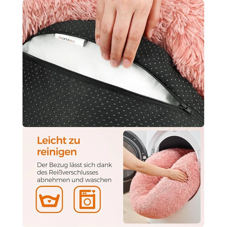 Feandrea Hundebett flauschig, Katzenbett, Donut Kissen, waschbar, Polsterung in der Mitte herausnehmbar, Langer Plüsch, 60 cm Durchmesser, rosa PGW038P01 – Bild 6