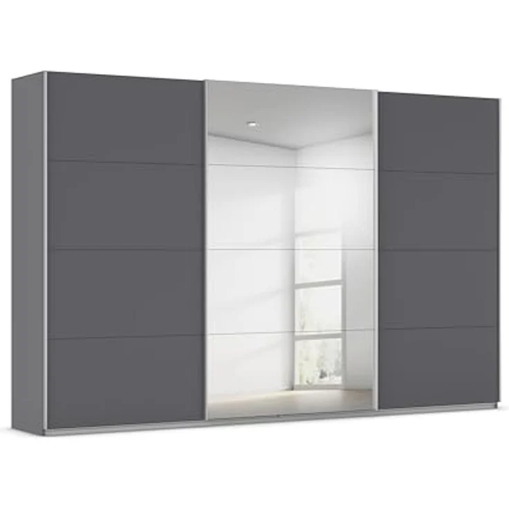 Rauch Möbel Kulmbach, Kleiderschrank mit Schwebetüren für Schlafzimmer, Kinderzimmer, Jugendzimmer, Garderobe, Flur, 3-türig, mit Spiegel, Zubehör Basic, Farbe Grau metallic, Schwarz, Breite 360 cm – Bild 1