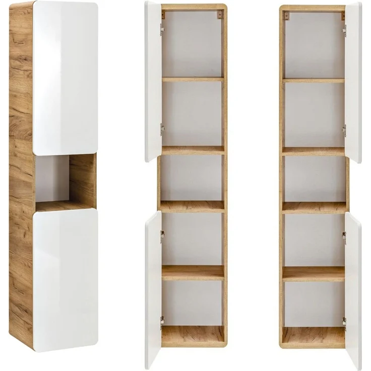 Badezimmermöbel Set inkl. 61 cm Keramik-Waschtisch LUTON-56 in Hochglanz weiß mit Wotan Eiche Nb, B/H/T ca. 160/200/46 cm – Bild 6