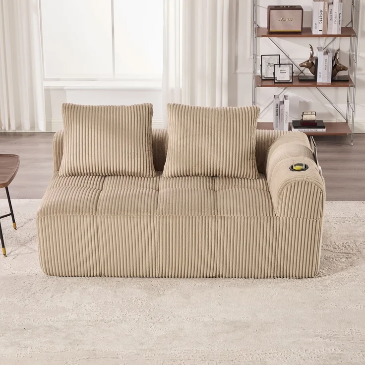 2-Sitzer Sofa, Cord mit Seitenfächern & Becherhaltern, 158x93x61 cm, Khaki – Bild 1