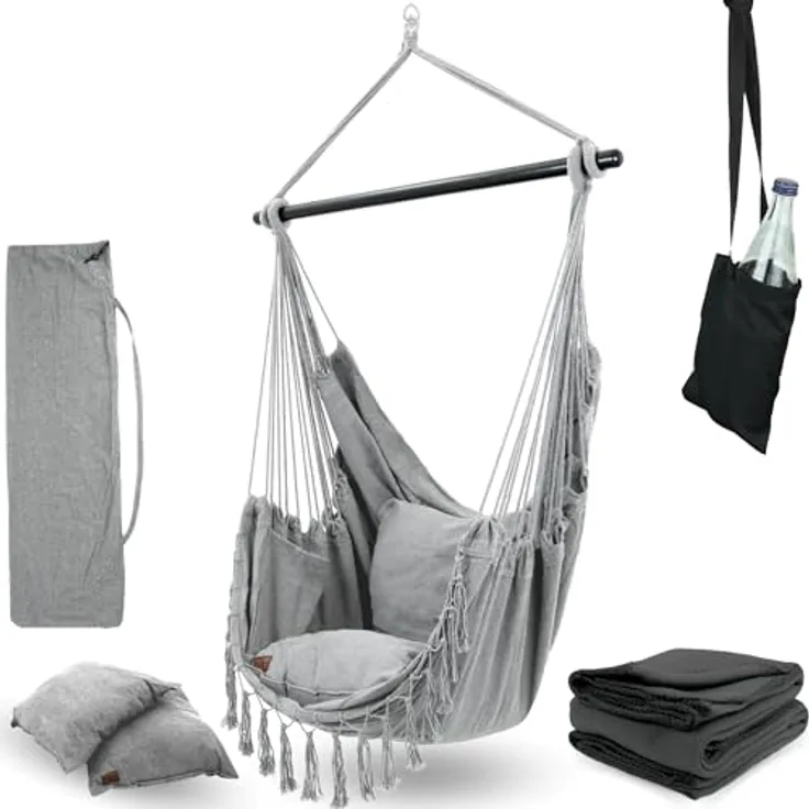 deluxe4home Hängesessel mit 2 Kissen, Bücherfach, Kuscheldecke 160x100 cm, Hellgrau/Anthrazit