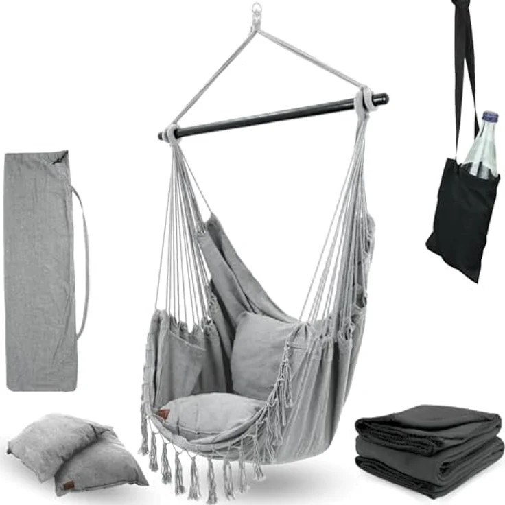 deluxe4home Hängesessel mit 2 Kissen, Bücherfach, Kuscheldecke 160x100 cm, Hellgrau/Anthrazit – Bild 1