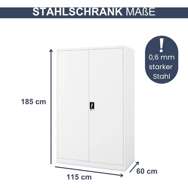 Aktenschrank abschließbar KADO - 5 Ebenen verstellbar, Flügeltüren | Metallschrank Werkstatt Mehrzweckschrank Büroschrank aus Stahl Werkzeugschrank, 185 x 115 x 60 cm Weiß – Bild 2