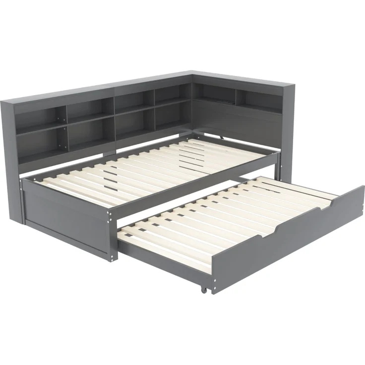 CHICFURN Ausziehbett aus Holz Grau 90x200 cm mit Auszug 90x190 cm, USB-Anschluss und Stauraum – Bild 5