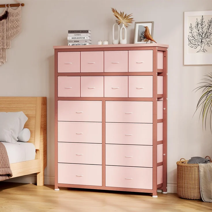 GarveeHome Hohe Kommode Mit 16 Stoffschubladen, Großzügiger Kleiderschrank Mit Metallgestell, Für Schlafzimmer Und Wohnzimmer, 103 x 30 x 130 cm