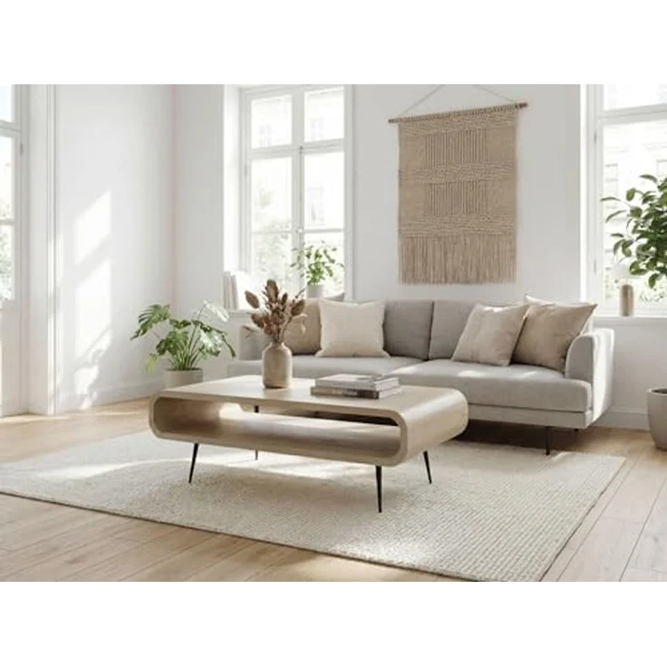 Couchtisch Mango Massivholz white wash 90cm - Design Wohnzimmertisch mit Metall Beine - Rechteckiger Sofatisch Ablage Retro - Loungetisch Holz - Natur Beistelltisch Handmade – Bild 4
