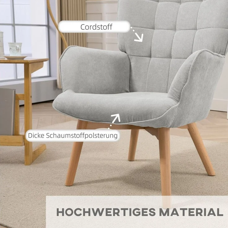 HOMCOM Relaxsessel Ohrensessel mit Hocker, Polstersessel in Cord-Optik (Loungesessel, 2-St, Armlehnstuhl), für Wohnzimmer, Grau – Bild 3
