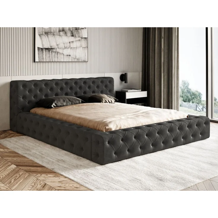 GRAINGOLD Palini Polsterbett 180x200, mit gepolstertes Kopfteil, gestepptes Bett, Bettkasten, Velour-Stoff, Schwarz – Bild 3
