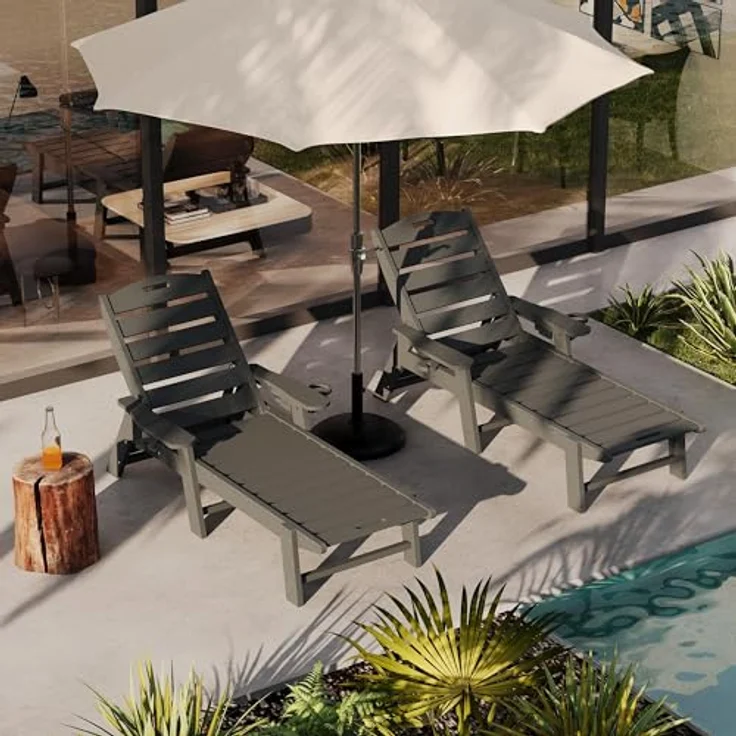 GarveeHome Wetterfeste Gartenliege Aus HDPE, Sonnenliege Mit Verstellbarer Rückenlehne Und Getränkehalter, Lange Poolliege, Für Pool, Strand Und Garten, 150x60x98cm (1 Stück) – Bild 7