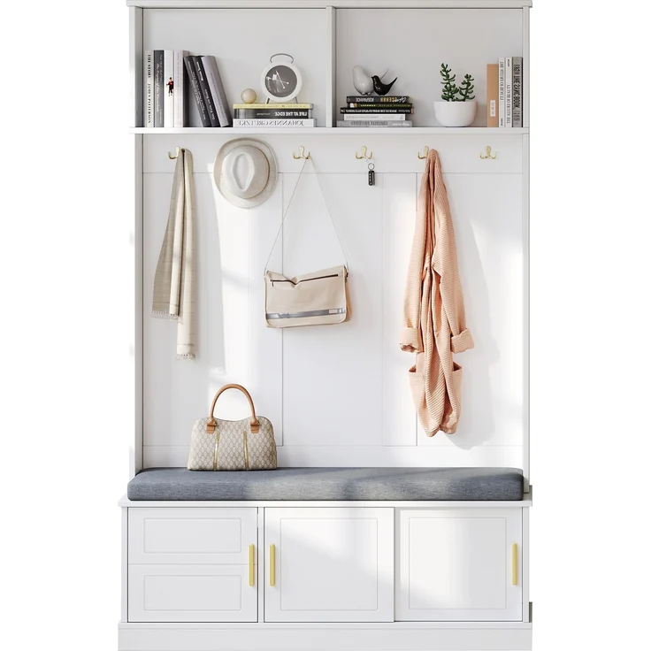 Garderobenständer 120 x 40 x 191 cm mit Schuhbank und 6 Haken, Weiß – Bild 6