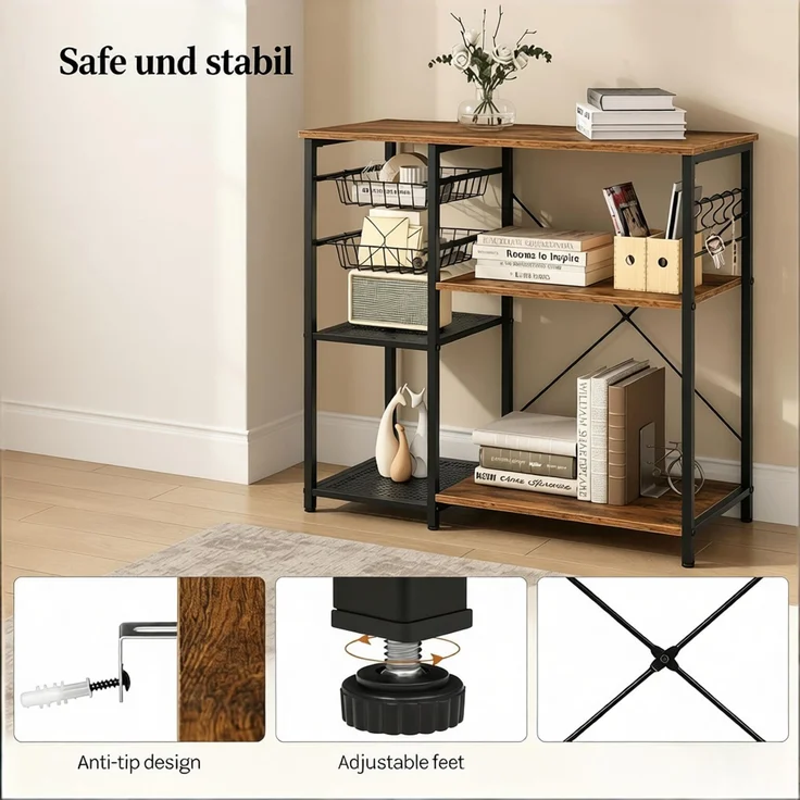 Stabiles stehendes Regal,Küchenregal,Kaffeetisch,Backregal,Offenes Mikrowellenregal,Anzeigeregal--Schwarz+Braun--40x90x82cm--YOUDENOVA – Bild 5