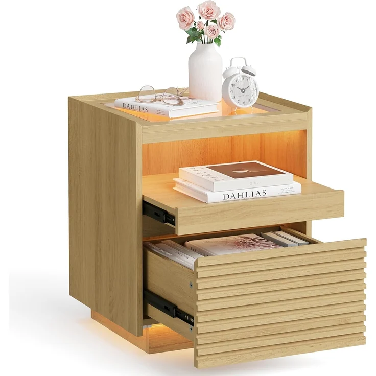 Vasagle Nachttisch mit LED-Beleuchtung und Schublade, Holz natur, 55 x 40 x 45 cm – Bild 1
