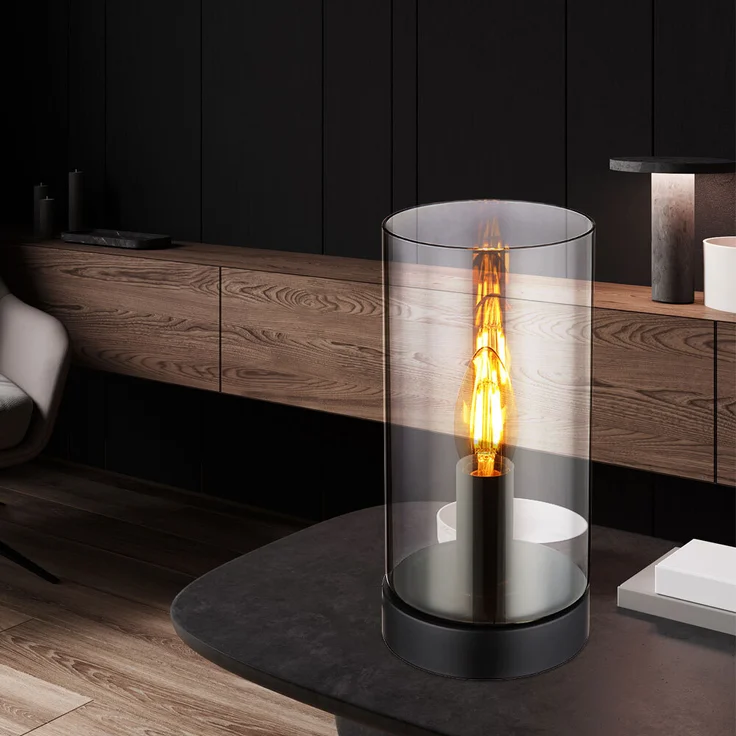 Globo Lighting OLLY, Tischleuchte aus schwarzem Metall mit rauchfarbenem Glas, H 22,5 cm, praktischer Wippschalter