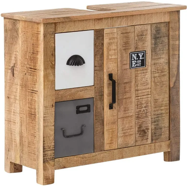 Rustikaler Waschbeckenunterschrank Pune, Massives Mango, 68 cm, Metallgriffe